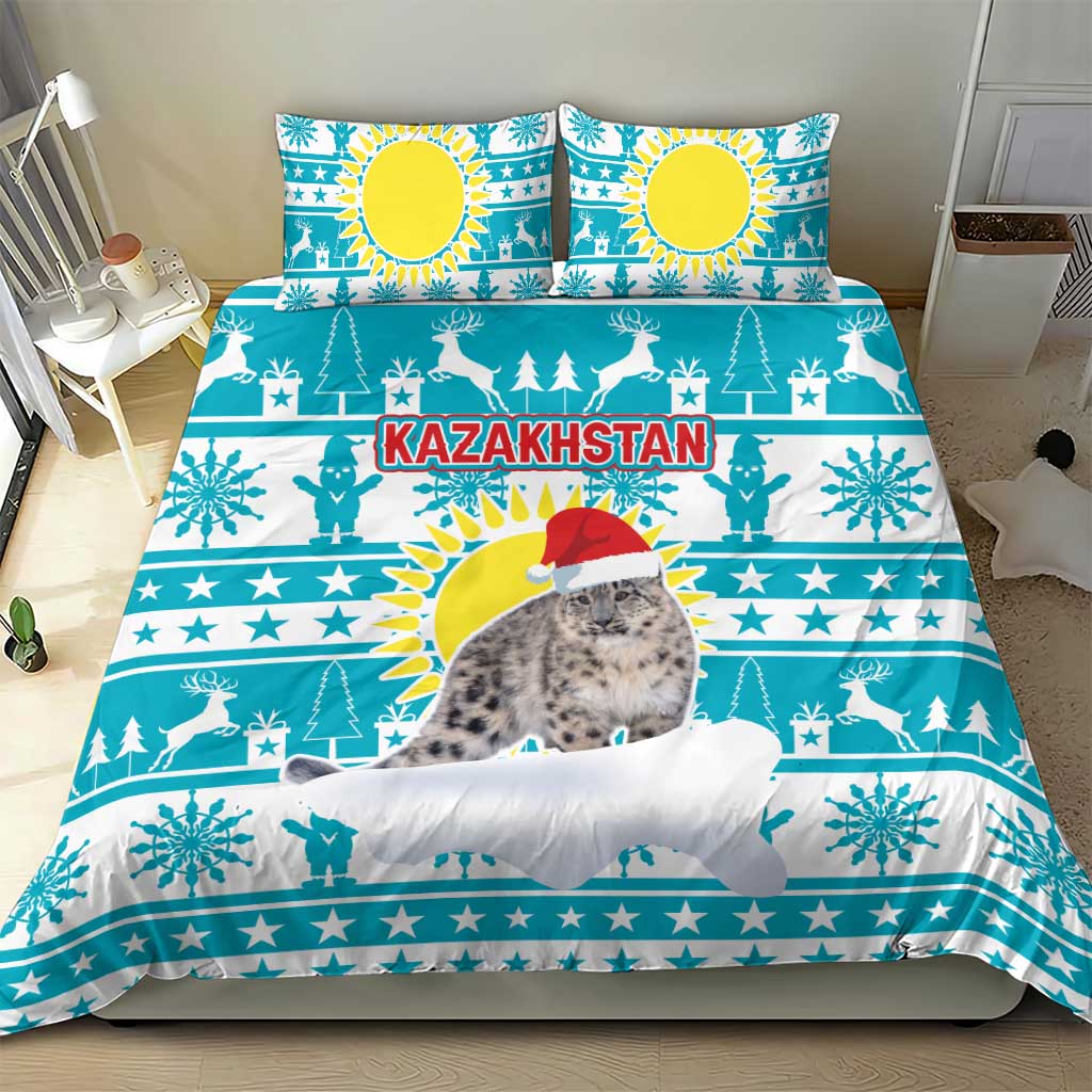 Kazakhstan Christmas Bedding Set with Snow Leopard in Santa Hat Blue and Yellow Reindeer Snowflake - Wonder Print Shop