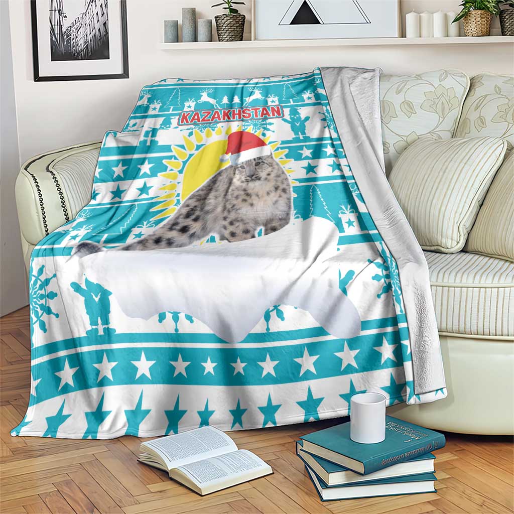 Kazakhstan Christmas Blanket with Snow Leopard in Santa Hat Blue and Yellow Reindeer Snowflake - Wonder Print Shop