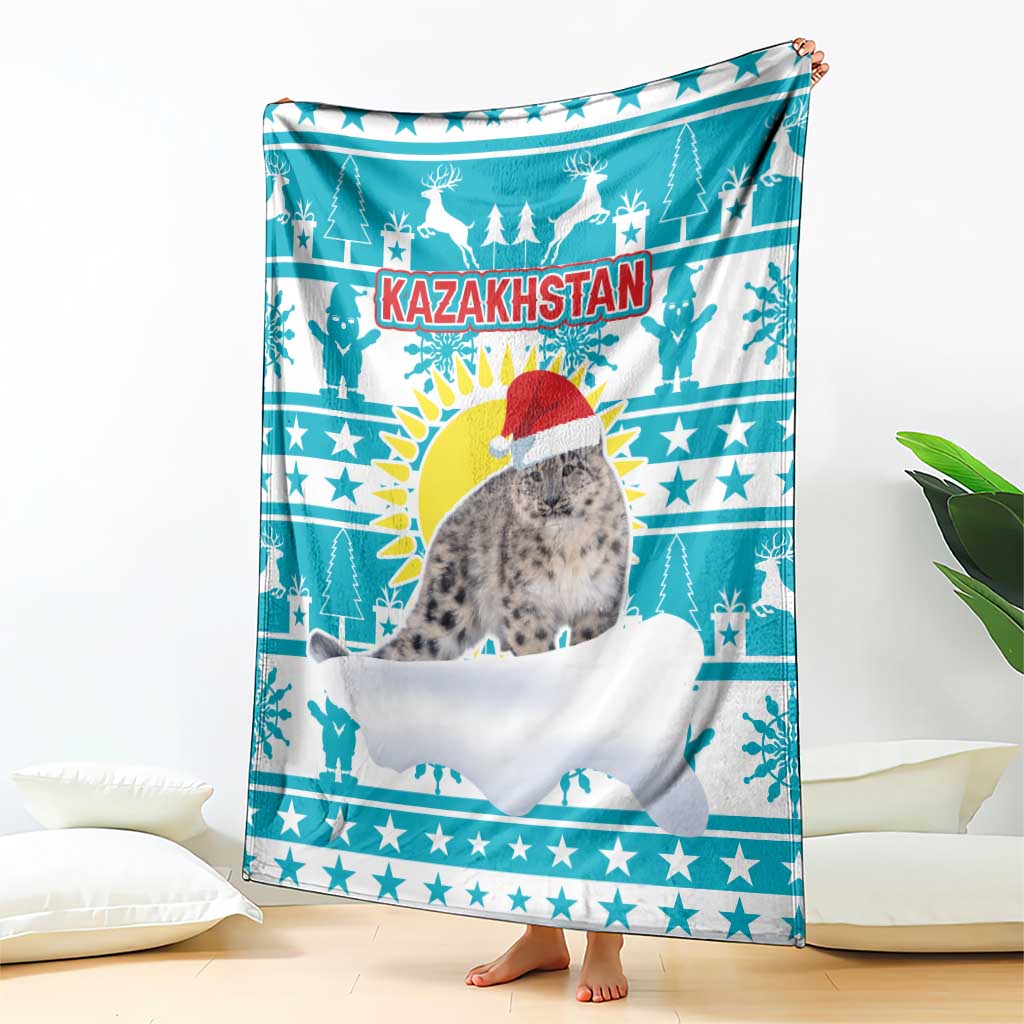 Kazakhstan Christmas Blanket with Snow Leopard in Santa Hat Blue and Yellow Reindeer Snowflake - Wonder Print Shop