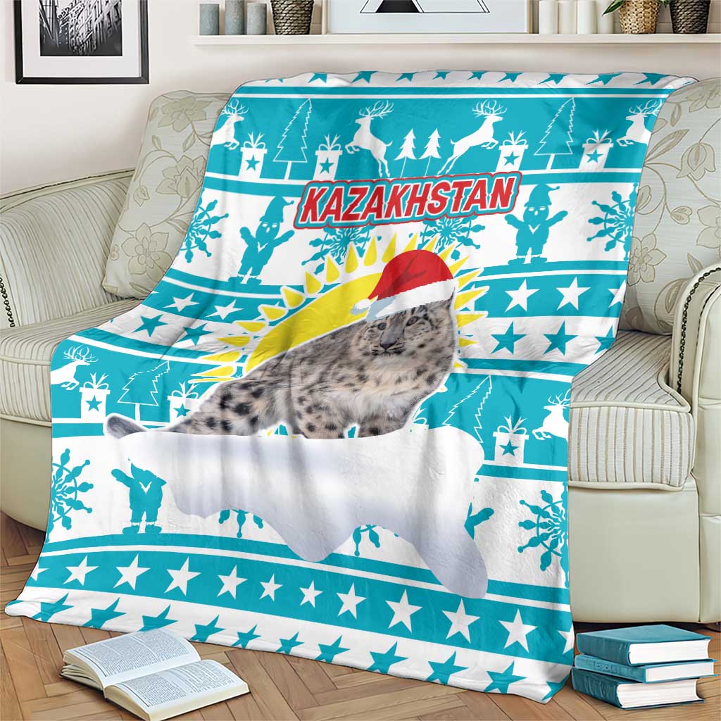 Kazakhstan Christmas Blanket with Snow Leopard in Santa Hat Blue and Yellow Reindeer Snowflake - Wonder Print Shop