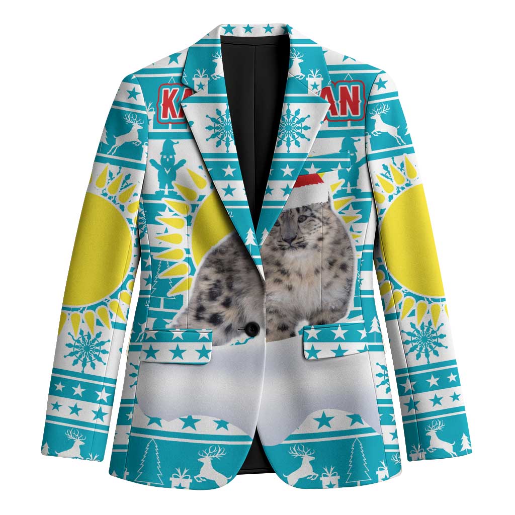 Kazakhstan Christmas Blazer with Snow Leopard in Santa Hat Blue and Yellow Reindeer Snowflake - Wonder Print Shop