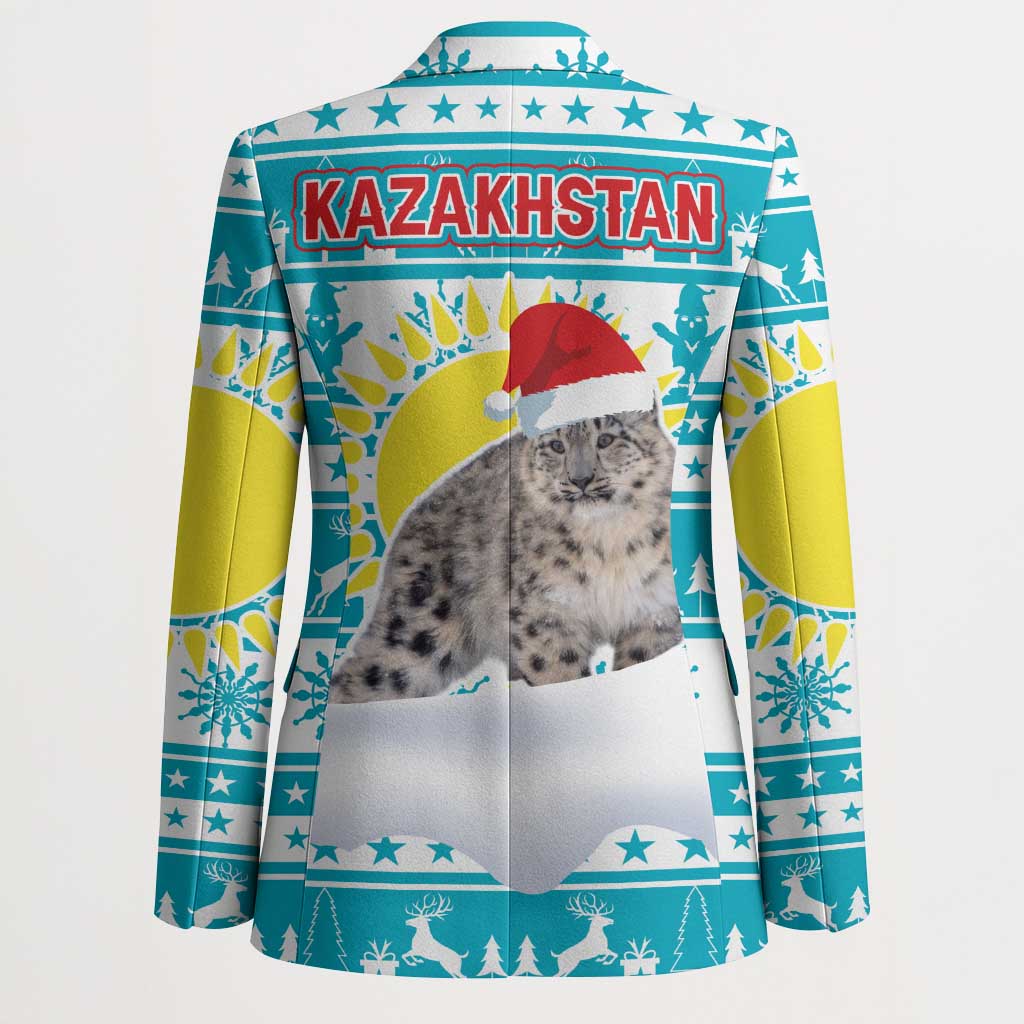 Kazakhstan Christmas Blazer with Snow Leopard in Santa Hat Blue and Yellow Reindeer Snowflake - Wonder Print Shop