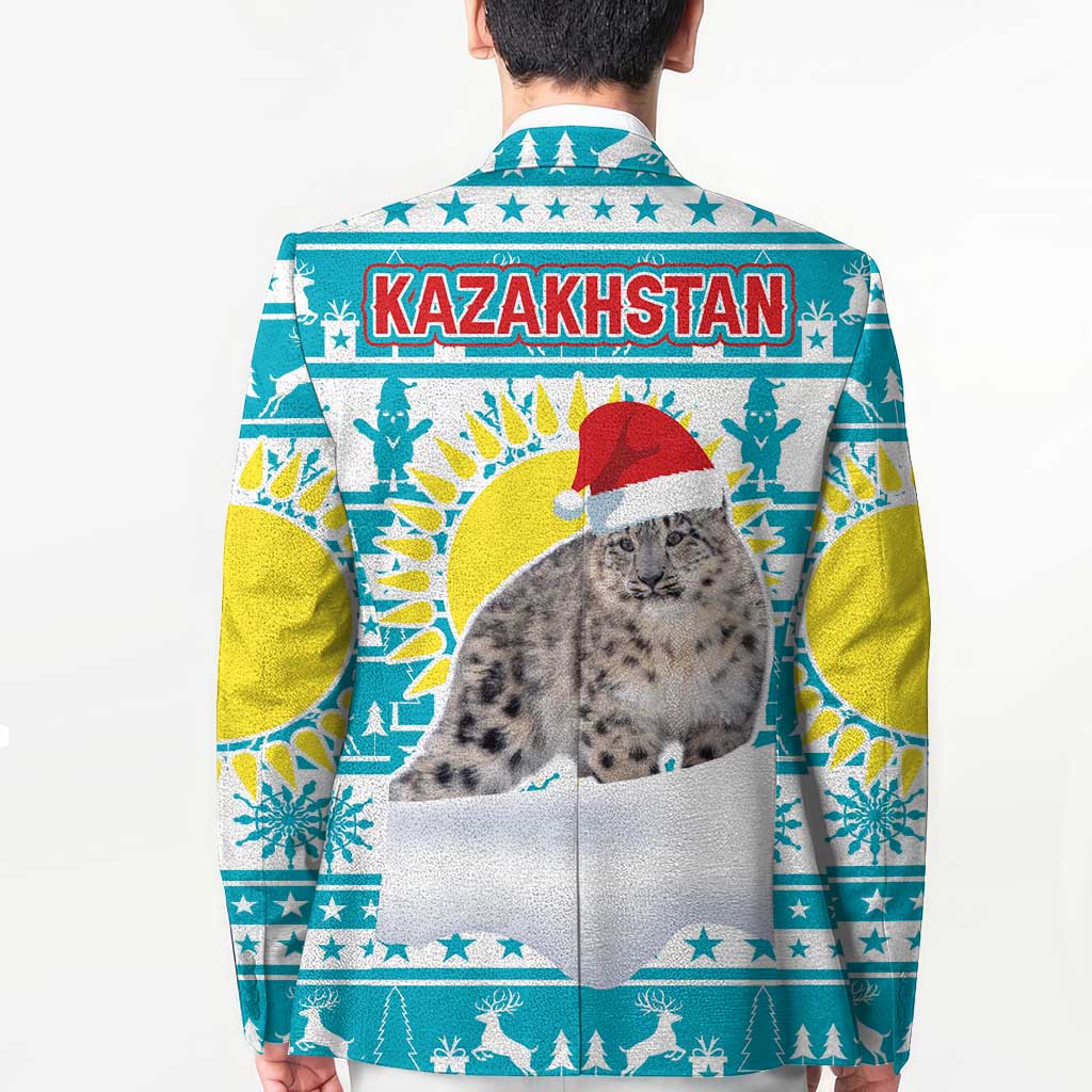Kazakhstan Christmas Blazer with Snow Leopard in Santa Hat Blue and Yellow Reindeer Snowflake - Wonder Print Shop