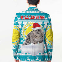 Kazakhstan Christmas Blazer with Snow Leopard in Santa Hat Blue and Yellow Reindeer Snowflake - Wonder Print Shop