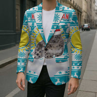 Kazakhstan Christmas Blazer with Snow Leopard in Santa Hat Blue and Yellow Reindeer Snowflake - Wonder Print Shop