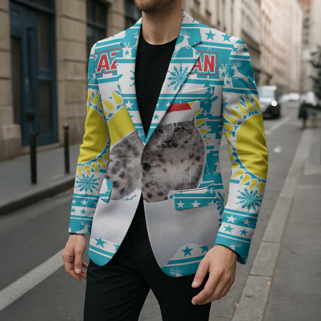 Kazakhstan Christmas Blazer with Snow Leopard in Santa Hat Blue and Yellow Reindeer Snowflake - Wonder Print Shop