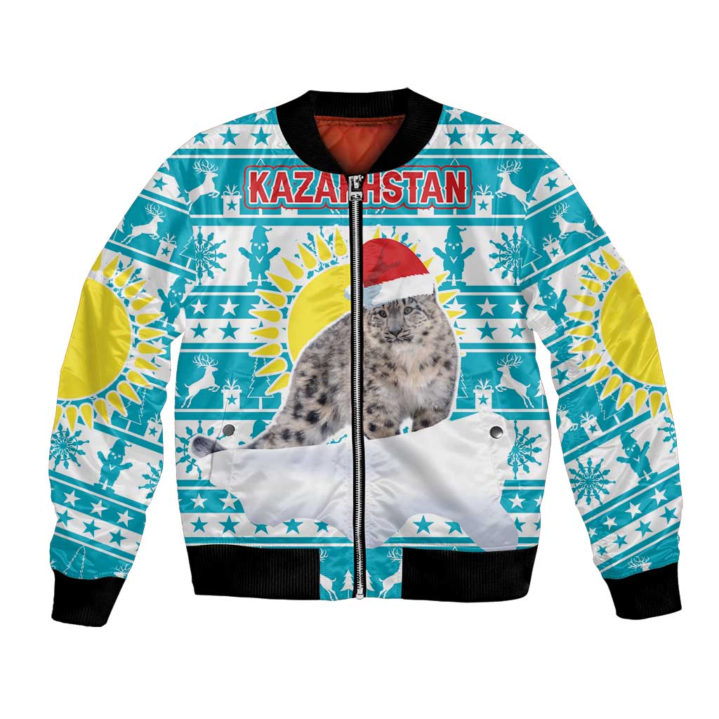 Kazakhstan Christmas Bomber Jacket with Snow Leopard in Santa Hat Blue and Yellow Reindeer Snowflake - Wonder Print Shop