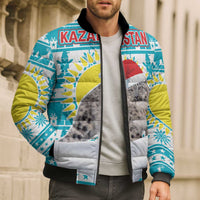 Kazakhstan Christmas Bomber Puffer Jacket with Snow Leopard in Santa Hat Blue and Yellow Reindeer Snowflake - Wonder Print Shop