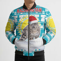 Kazakhstan Christmas Bomber Puffer Jacket with Snow Leopard in Santa Hat Blue and Yellow Reindeer Snowflake - Wonder Print Shop