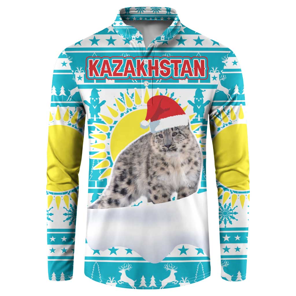 Kazakhstan Christmas Button Sweatshirt with Snow Leopard in Santa Hat Blue and Yellow Reindeer Snowflake - Wonder Print Shop