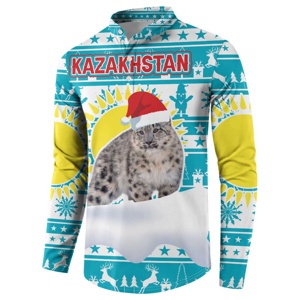 Kazakhstan Christmas Button Sweatshirt with Snow Leopard in Santa Hat Blue and Yellow Reindeer Snowflake - Wonder Print Shop