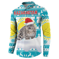 Kazakhstan Christmas Button Sweatshirt with Snow Leopard in Santa Hat Blue and Yellow Reindeer Snowflake - Wonder Print Shop