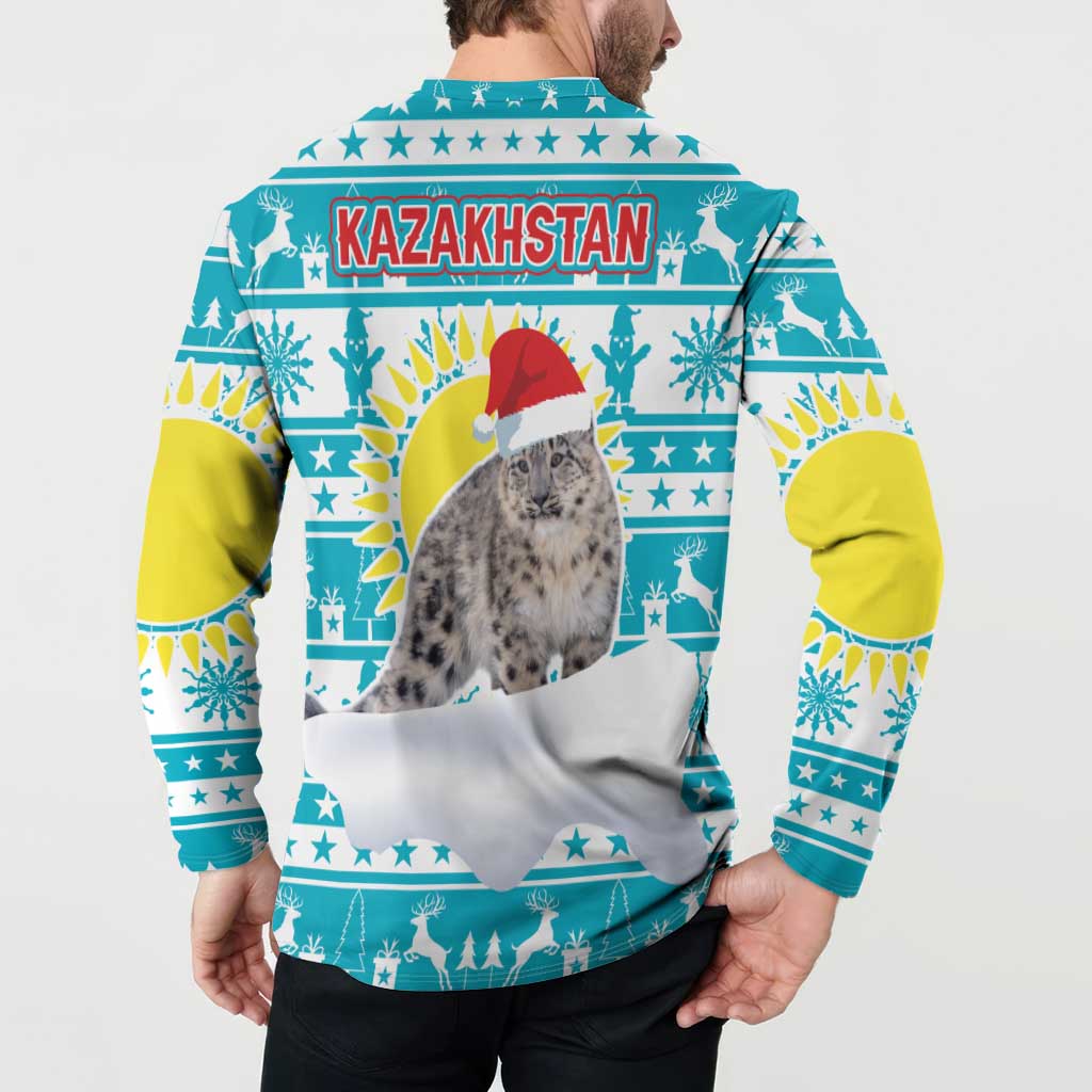 Kazakhstan Christmas Button Sweatshirt with Snow Leopard in Santa Hat Blue and Yellow Reindeer Snowflake - Wonder Print Shop