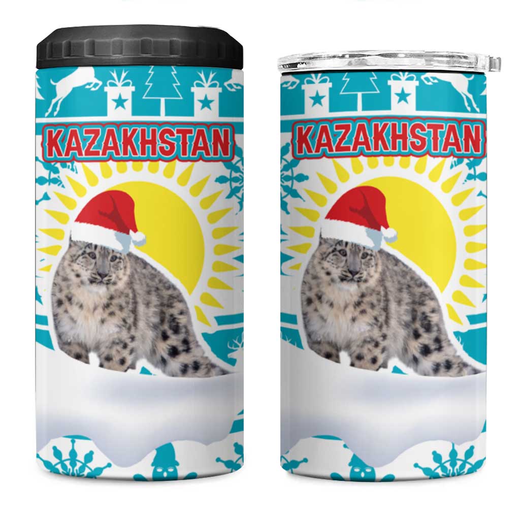 Kazakhstan Christmas 4 in 1 Can Cooler Tumbler with Snow Leopard in Santa Hat Blue and Yellow Reindeer Snowflake - Wonder Print Shop