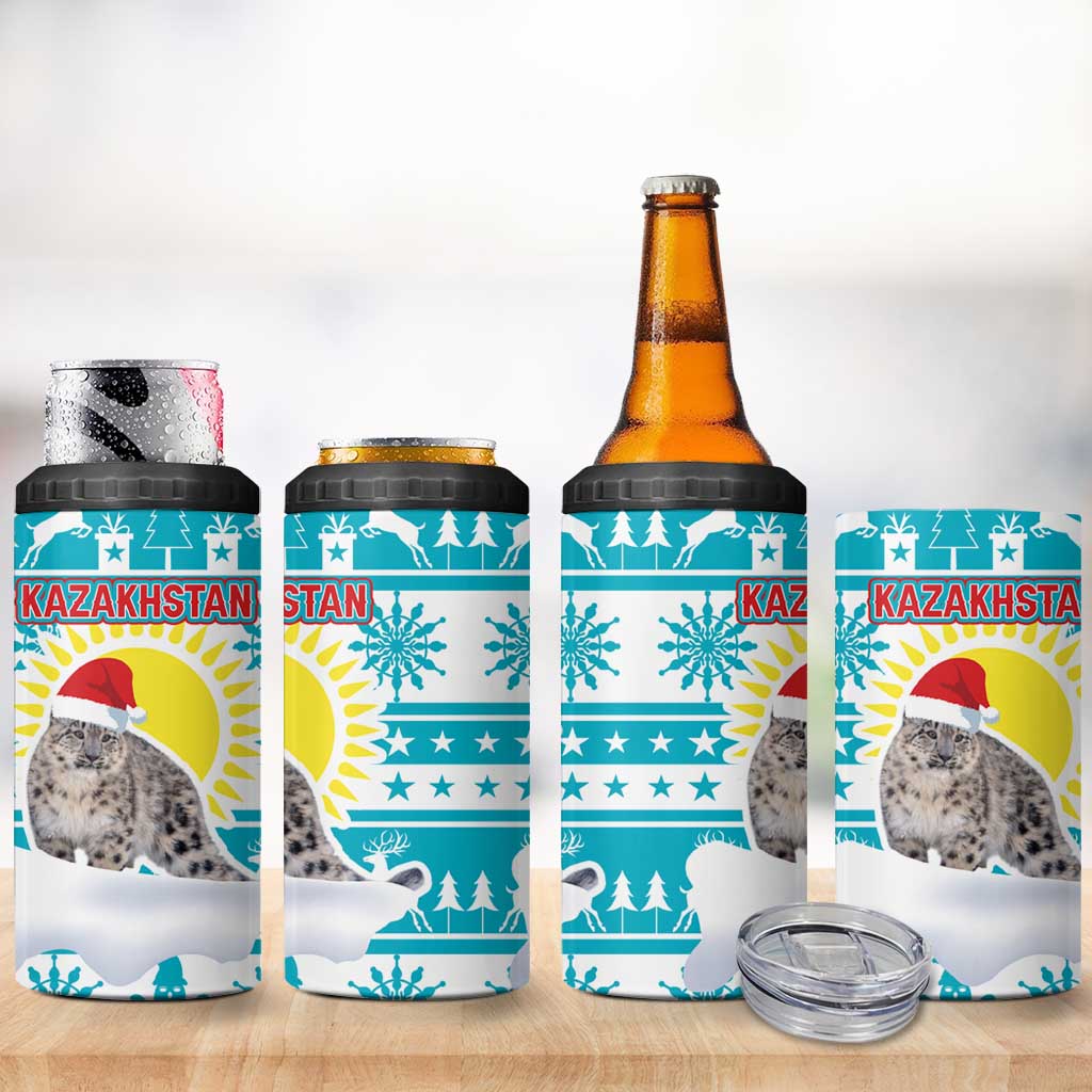 Kazakhstan Christmas 4 in 1 Can Cooler Tumbler with Snow Leopard in Santa Hat Blue and Yellow Reindeer Snowflake - Wonder Print Shop