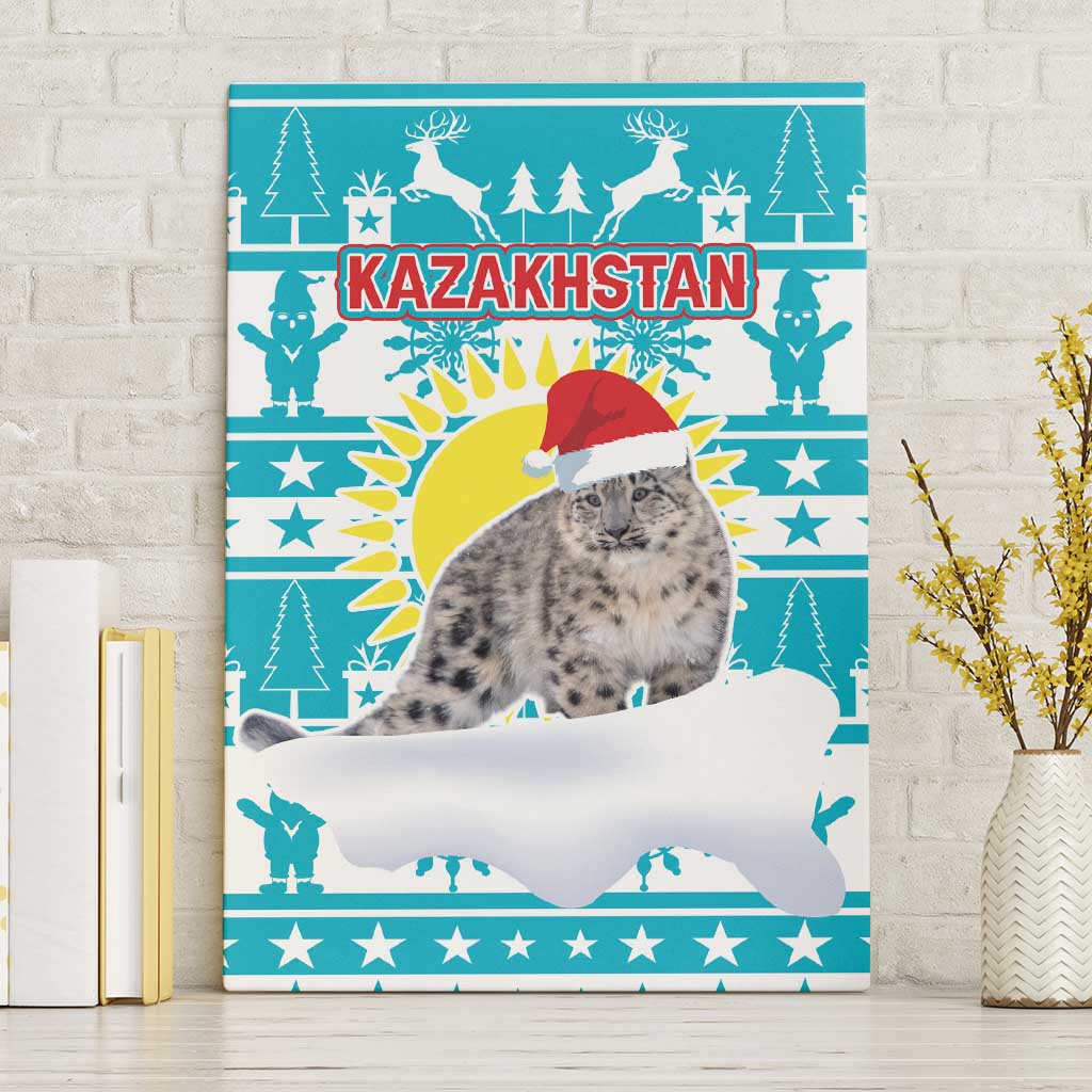 Kazakhstan Christmas Canvas Wall Art with Snow Leopard in Santa Hat Blue and Yellow Reindeer Snowflake - Wonder Print Shop
