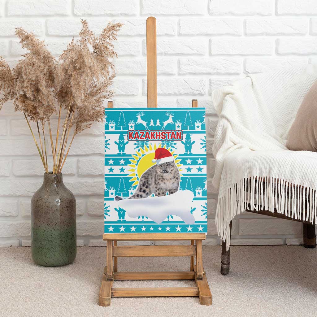 Kazakhstan Christmas Canvas Wall Art with Snow Leopard in Santa Hat Blue and Yellow Reindeer Snowflake - Wonder Print Shop