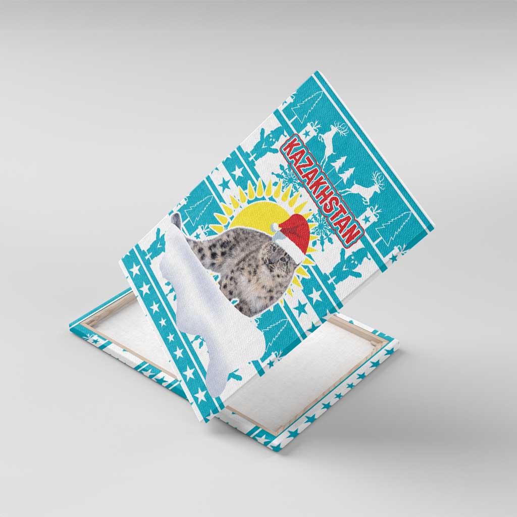 Kazakhstan Christmas Canvas Wall Art with Snow Leopard in Santa Hat Blue and Yellow Reindeer Snowflake - Wonder Print Shop