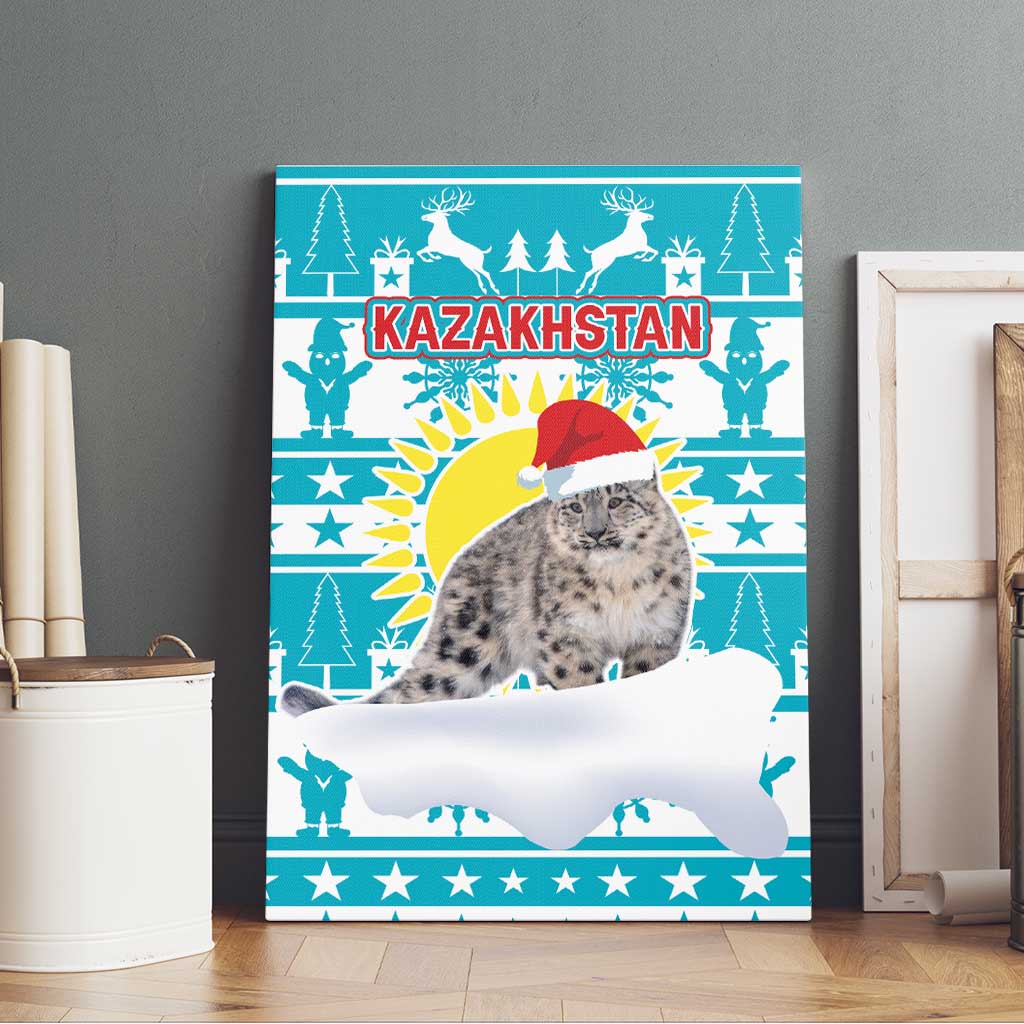 Kazakhstan Christmas Canvas Wall Art with Snow Leopard in Santa Hat Blue and Yellow Reindeer Snowflake - Wonder Print Shop