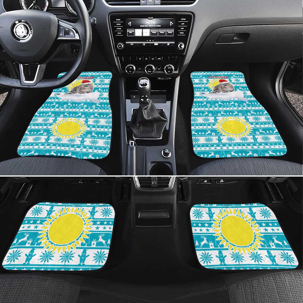 Kazakhstan Christmas Car Mats with Snow Leopard in Santa Hat Blue and Yellow Reindeer Snowflake - Wonder Print Shop