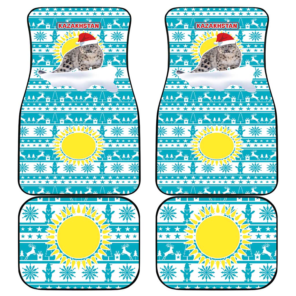 Kazakhstan Christmas Car Mats with Snow Leopard in Santa Hat Blue and Yellow Reindeer Snowflake - Wonder Print Shop