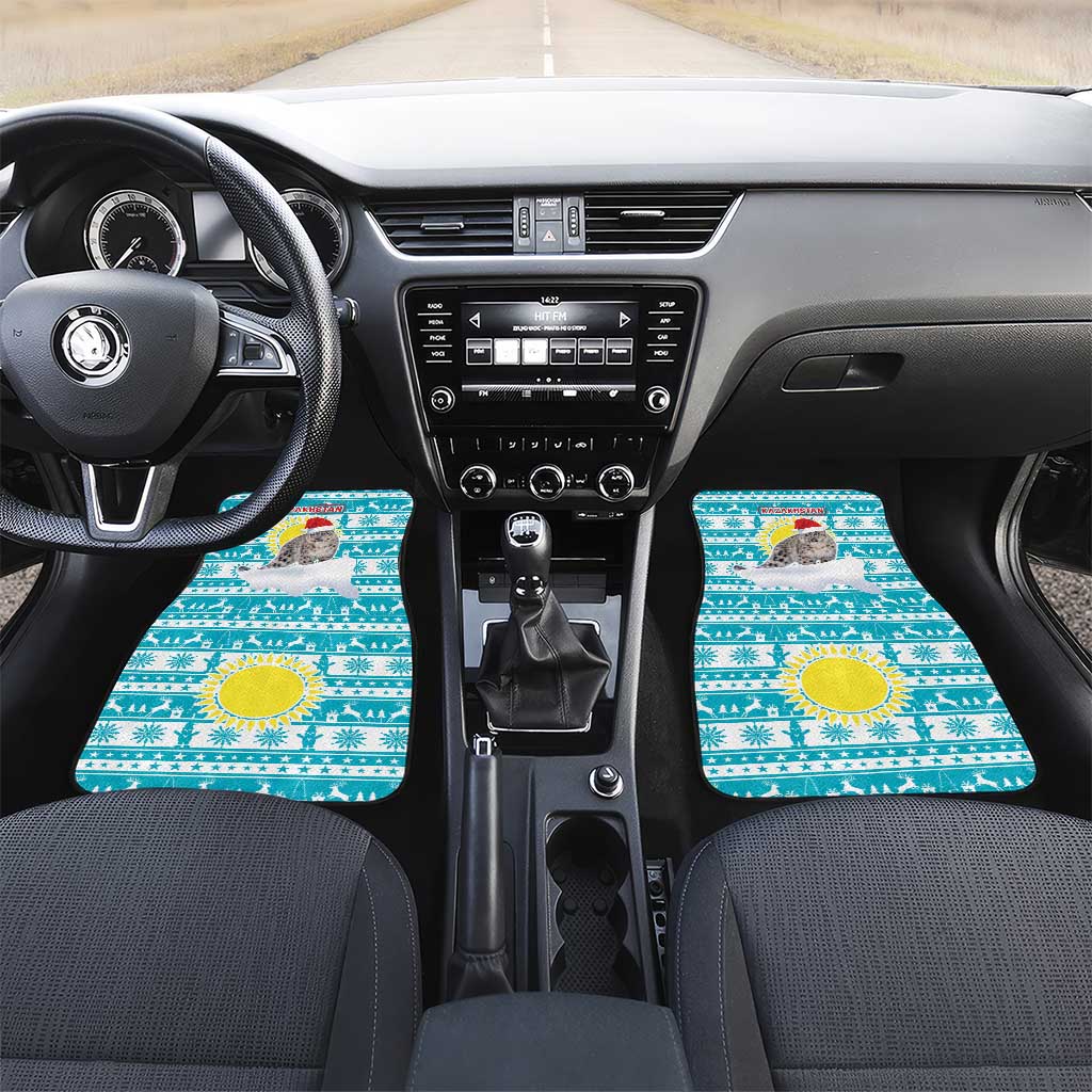 Kazakhstan Christmas Car Mats with Snow Leopard in Santa Hat Blue and Yellow Reindeer Snowflake - Wonder Print Shop