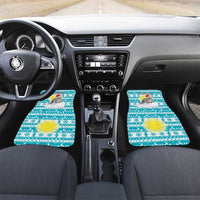 Kazakhstan Christmas Car Mats with Snow Leopard in Santa Hat Blue and Yellow Reindeer Snowflake - Wonder Print Shop