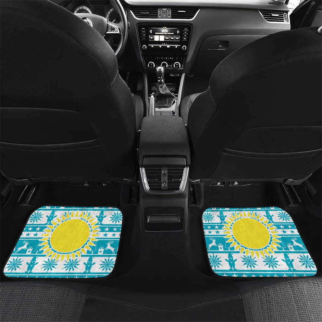 Kazakhstan Christmas Car Mats with Snow Leopard in Santa Hat Blue and Yellow Reindeer Snowflake - Wonder Print Shop