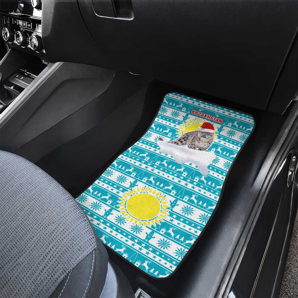 Kazakhstan Christmas Car Mats with Snow Leopard in Santa Hat Blue and Yellow Reindeer Snowflake - Wonder Print Shop