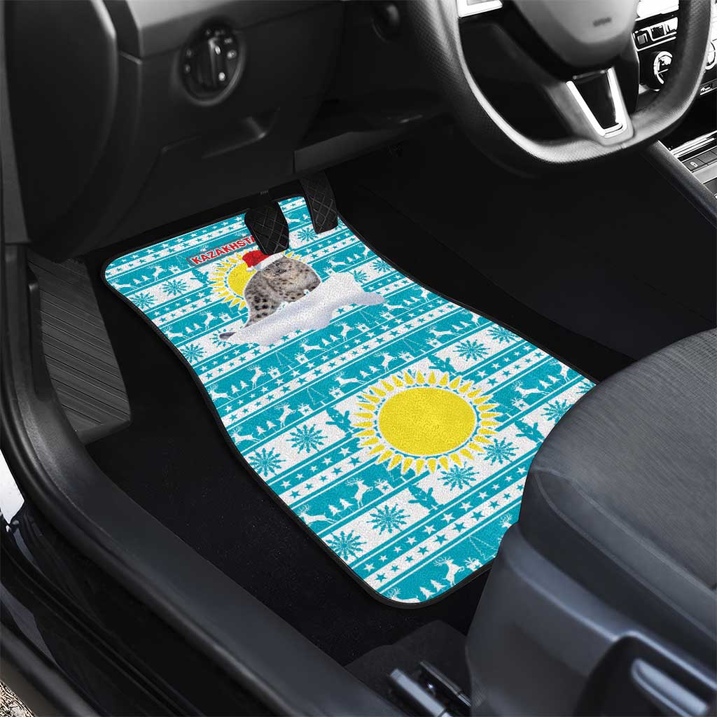 Kazakhstan Christmas Car Mats with Snow Leopard in Santa Hat Blue and Yellow Reindeer Snowflake - Wonder Print Shop