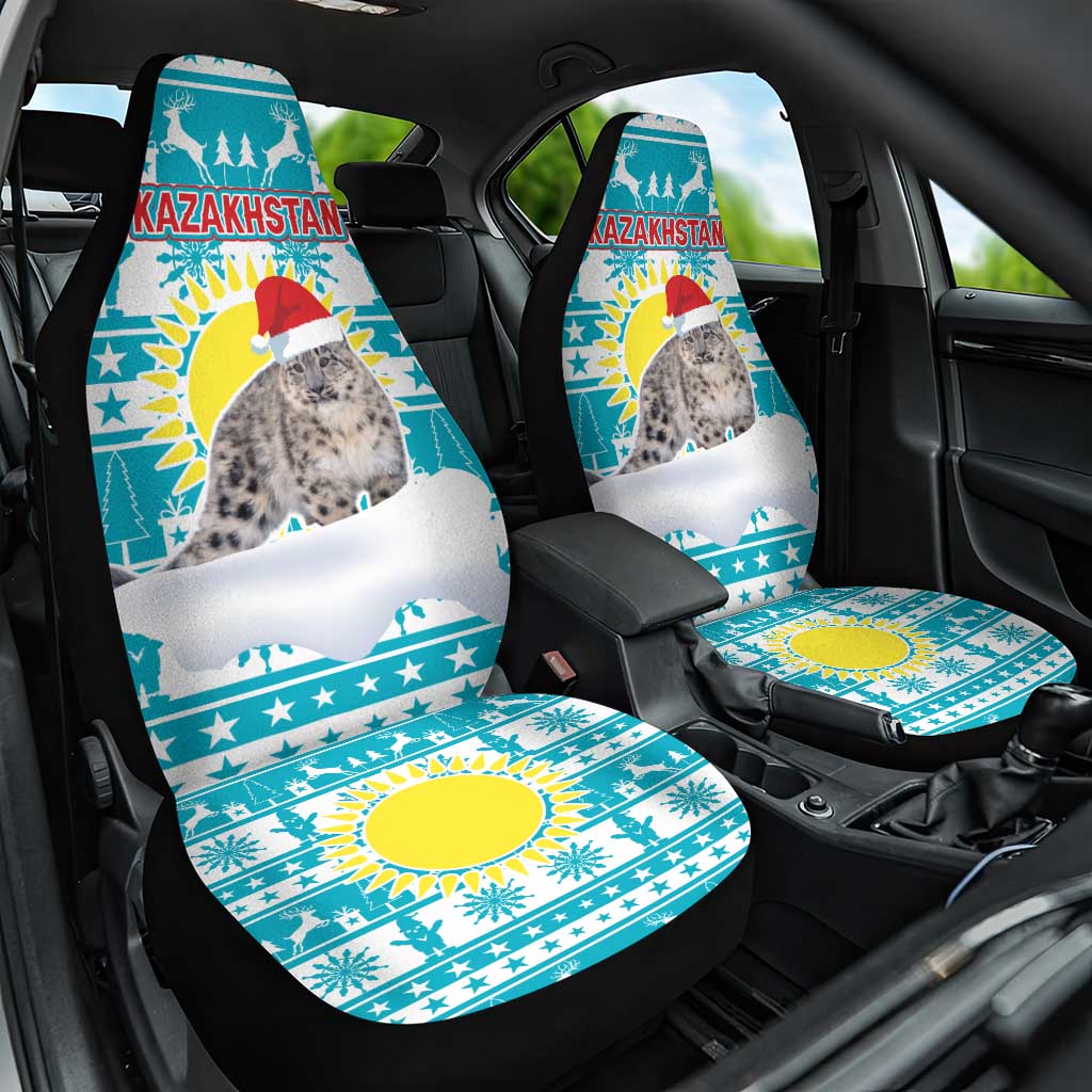 Kazakhstan Christmas Car Seat Cover with Snow Leopard in Santa Hat Blue and Yellow Reindeer Snowflake - Wonder Print Shop