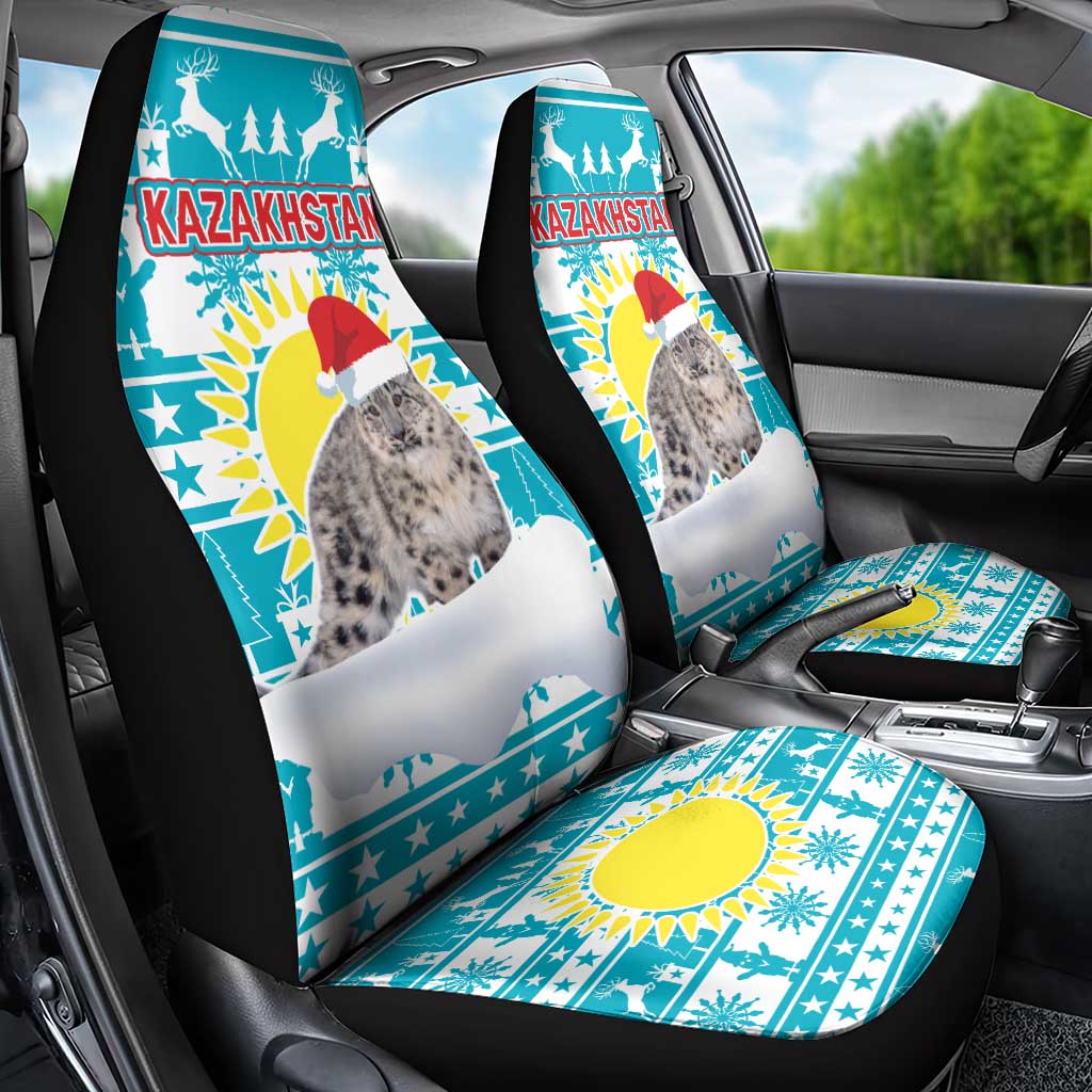 Kazakhstan Christmas Car Seat Cover with Snow Leopard in Santa Hat Blue and Yellow Reindeer Snowflake - Wonder Print Shop