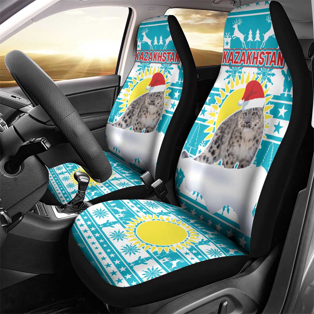 Kazakhstan Christmas Car Seat Cover with Snow Leopard in Santa Hat Blue and Yellow Reindeer Snowflake - Wonder Print Shop