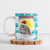 Kazakhstan Christmas Ceramic Mug with Snow Leopard in Santa Hat Blue and Yellow Reindeer Snowflake - Wonder Print Shop