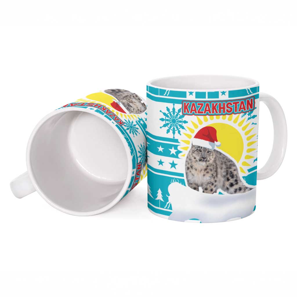 Kazakhstan Christmas Ceramic Mug with Snow Leopard in Santa Hat Blue and Yellow Reindeer Snowflake - Wonder Print Shop