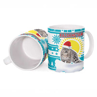 Kazakhstan Christmas Ceramic Mug with Snow Leopard in Santa Hat Blue and Yellow Reindeer Snowflake - Wonder Print Shop