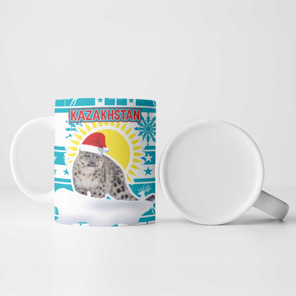 Kazakhstan Christmas Ceramic Mug with Snow Leopard in Santa Hat Blue and Yellow Reindeer Snowflake - Wonder Print Shop