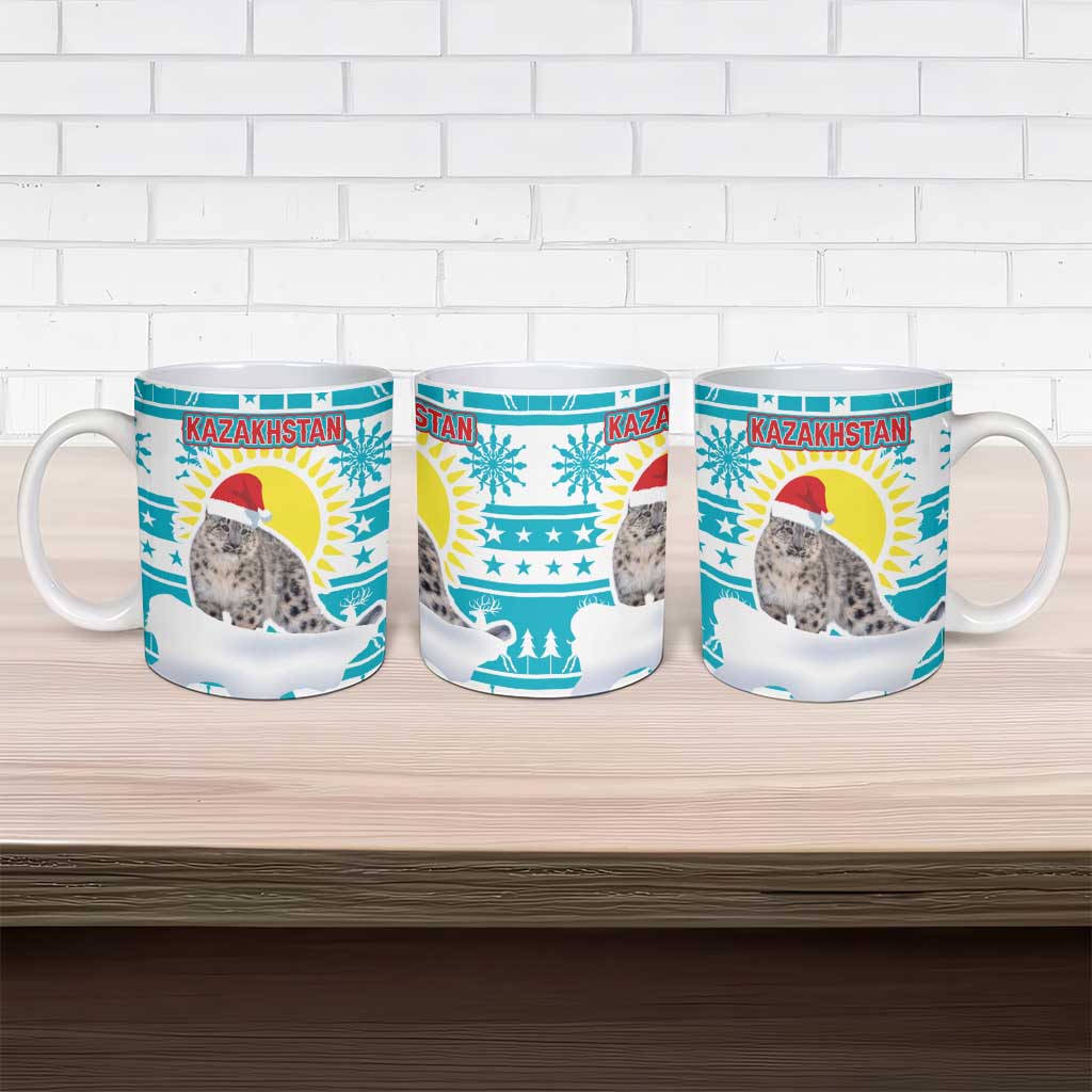 Kazakhstan Christmas Ceramic Mug with Snow Leopard in Santa Hat Blue and Yellow Reindeer Snowflake - Wonder Print Shop
