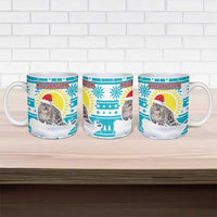 Kazakhstan Christmas Ceramic Mug with Snow Leopard in Santa Hat Blue and Yellow Reindeer Snowflake - Wonder Print Shop