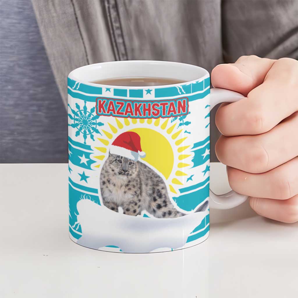 Kazakhstan Christmas Ceramic Mug with Snow Leopard in Santa Hat Blue and Yellow Reindeer Snowflake - Wonder Print Shop
