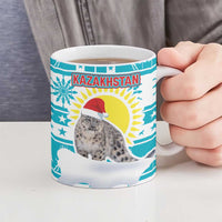 Kazakhstan Christmas Ceramic Mug with Snow Leopard in Santa Hat Blue and Yellow Reindeer Snowflake - Wonder Print Shop