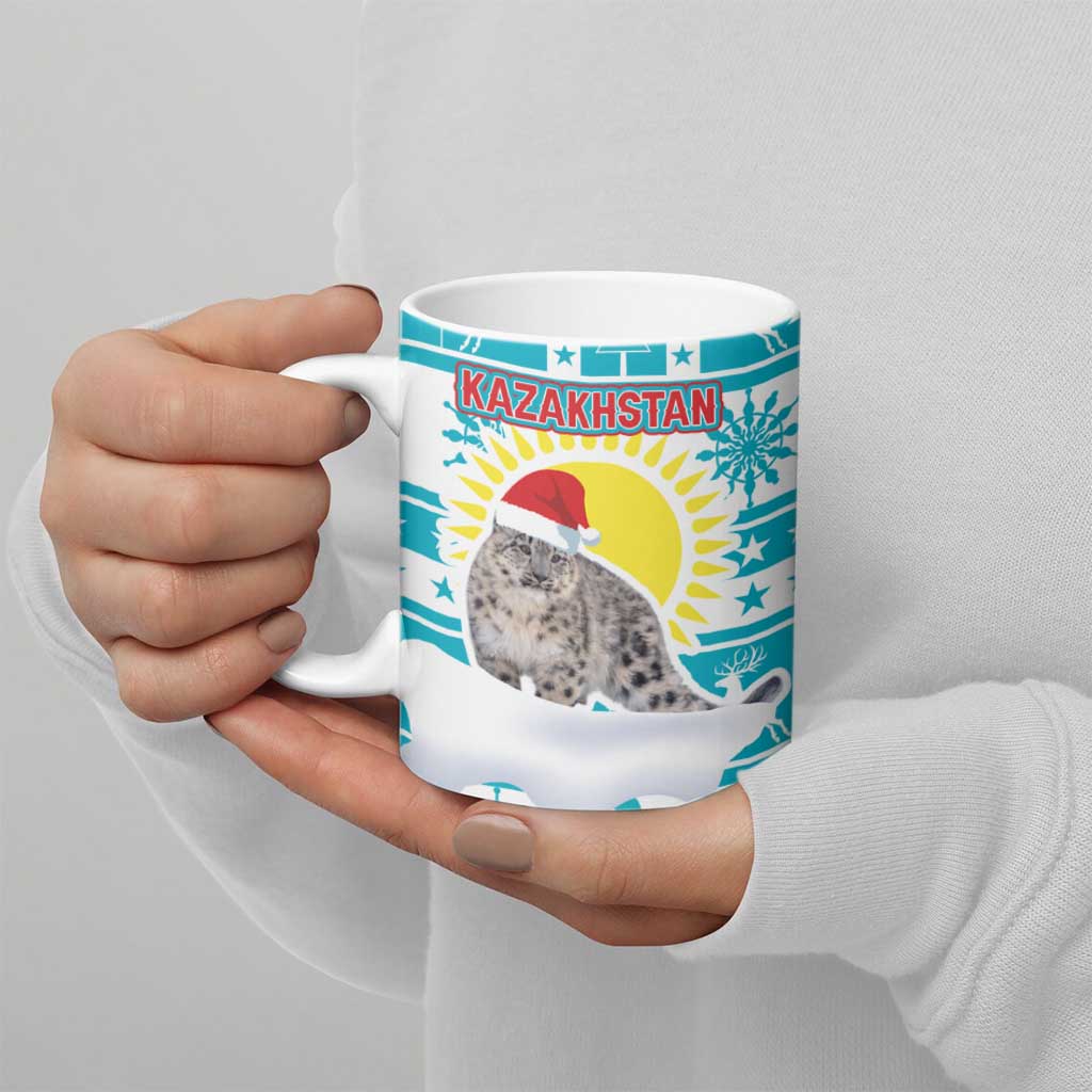 Kazakhstan Christmas Ceramic Mug with Snow Leopard in Santa Hat Blue and Yellow Reindeer Snowflake - Wonder Print Shop