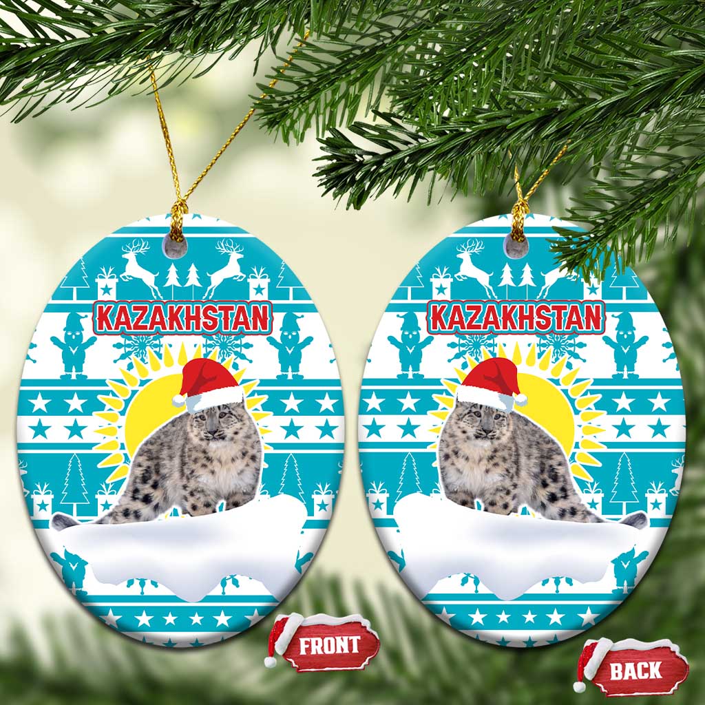 Kazakhstan Christmas Ceramic Ornament with Snow Leopard in Santa Hat Blue and Yellow Reindeer Snowflake - Wonder Print Shop