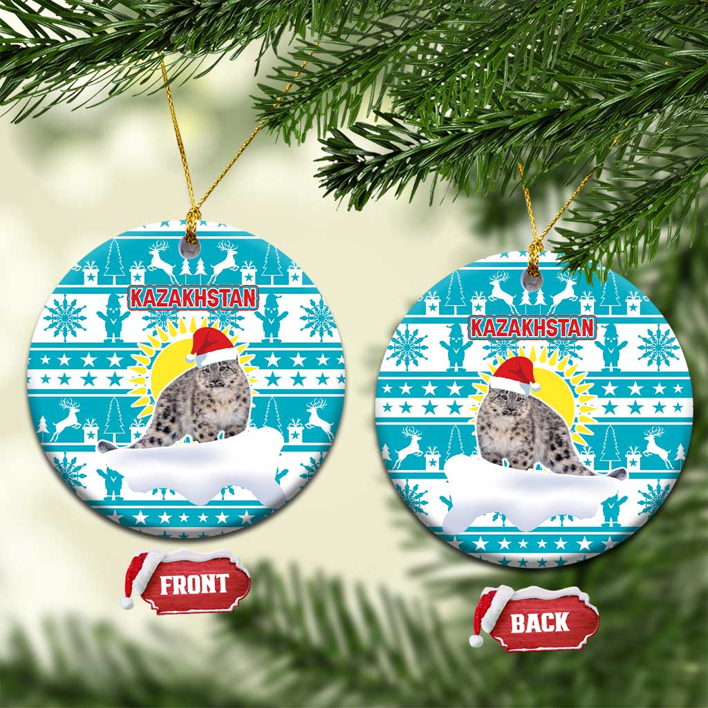 Kazakhstan Christmas Ceramic Ornament with Snow Leopard in Santa Hat Blue and Yellow Reindeer Snowflake - Wonder Print Shop