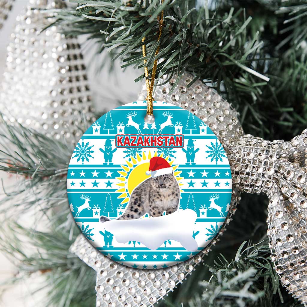 Kazakhstan Christmas Ceramic Ornament with Snow Leopard in Santa Hat Blue and Yellow Reindeer Snowflake - Wonder Print Shop