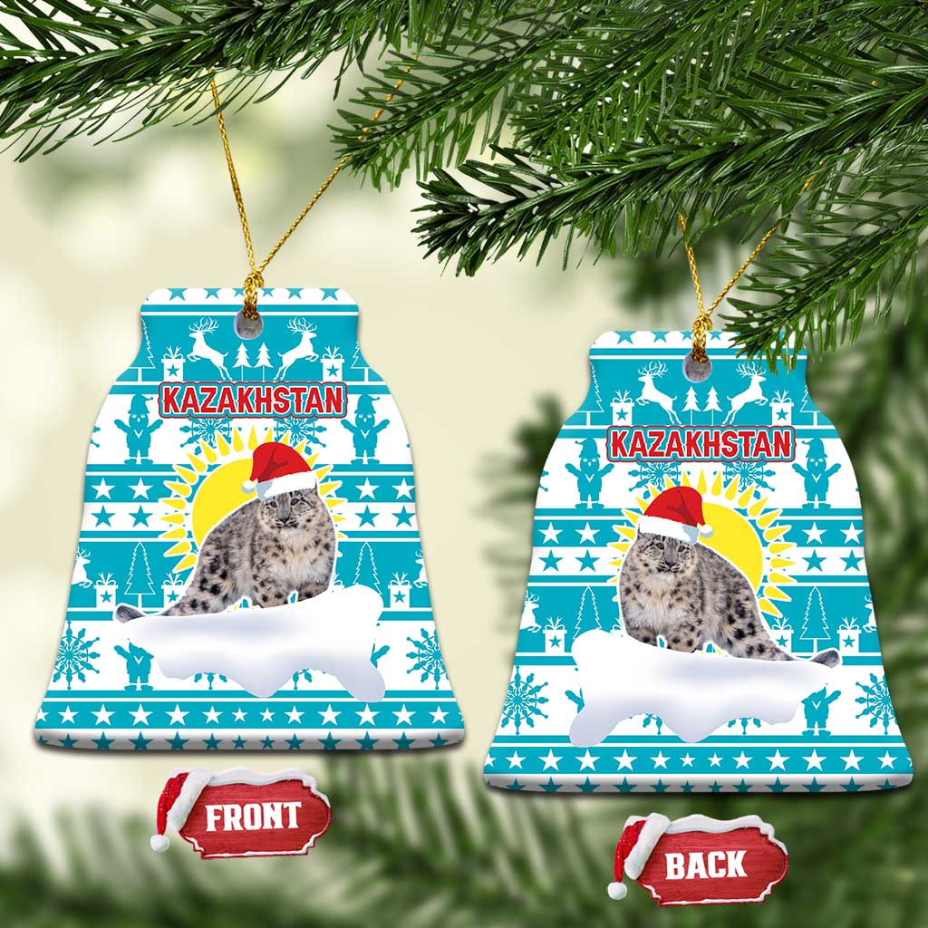 Kazakhstan Christmas Ceramic Ornament with Snow Leopard in Santa Hat Blue and Yellow Reindeer Snowflake - Wonder Print Shop