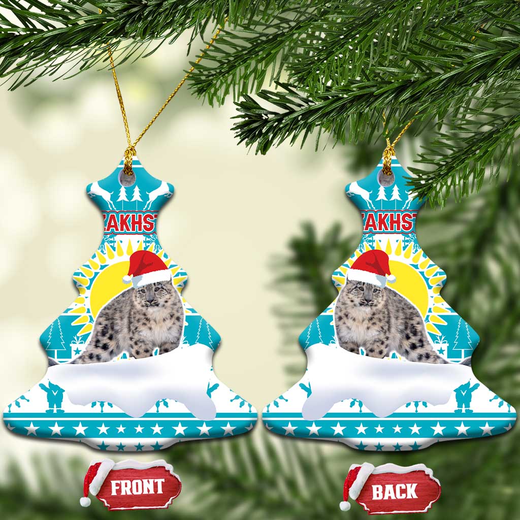 Kazakhstan Christmas Ceramic Ornament with Snow Leopard in Santa Hat Blue and Yellow Reindeer Snowflake - Wonder Print Shop