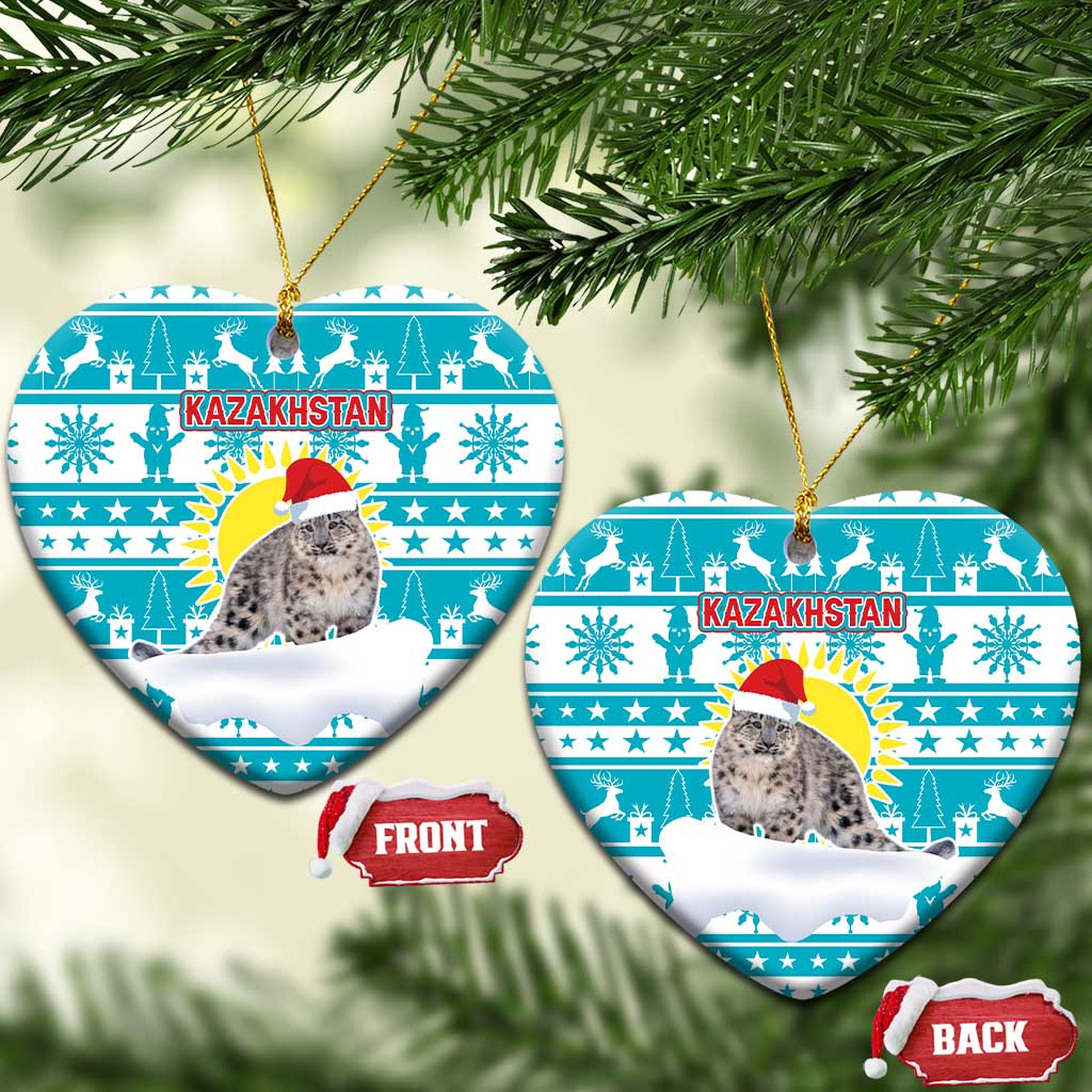 Kazakhstan Christmas Ceramic Ornament with Snow Leopard in Santa Hat Blue and Yellow Reindeer Snowflake - Wonder Print Shop