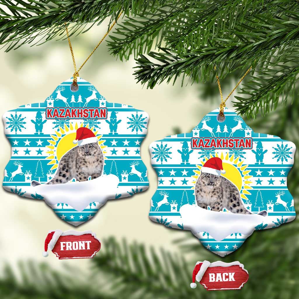 Kazakhstan Christmas Ceramic Ornament with Snow Leopard in Santa Hat Blue and Yellow Reindeer Snowflake - Wonder Print Shop