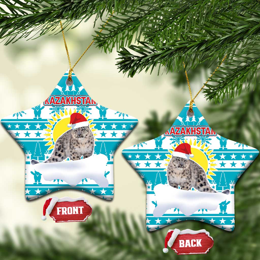 Kazakhstan Christmas Ceramic Ornament with Snow Leopard in Santa Hat Blue and Yellow Reindeer Snowflake - Wonder Print Shop